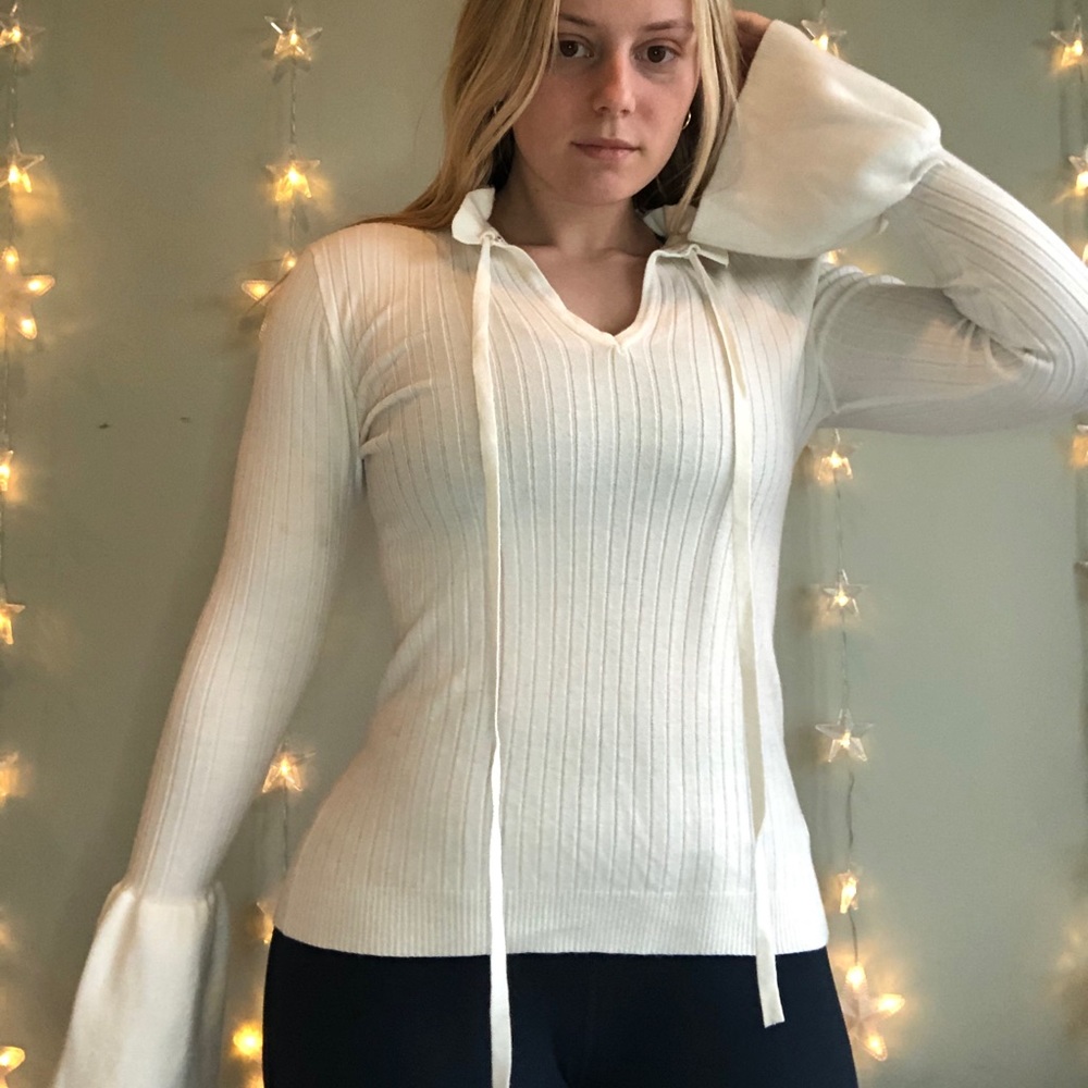 Cream long sleeve ribbed knitted top